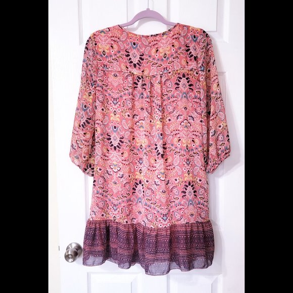 AUW Paisley & Floral Boho Tunic Top Mini Dress with Ruffle Hem + Split Neck - Picture 4 of 4
